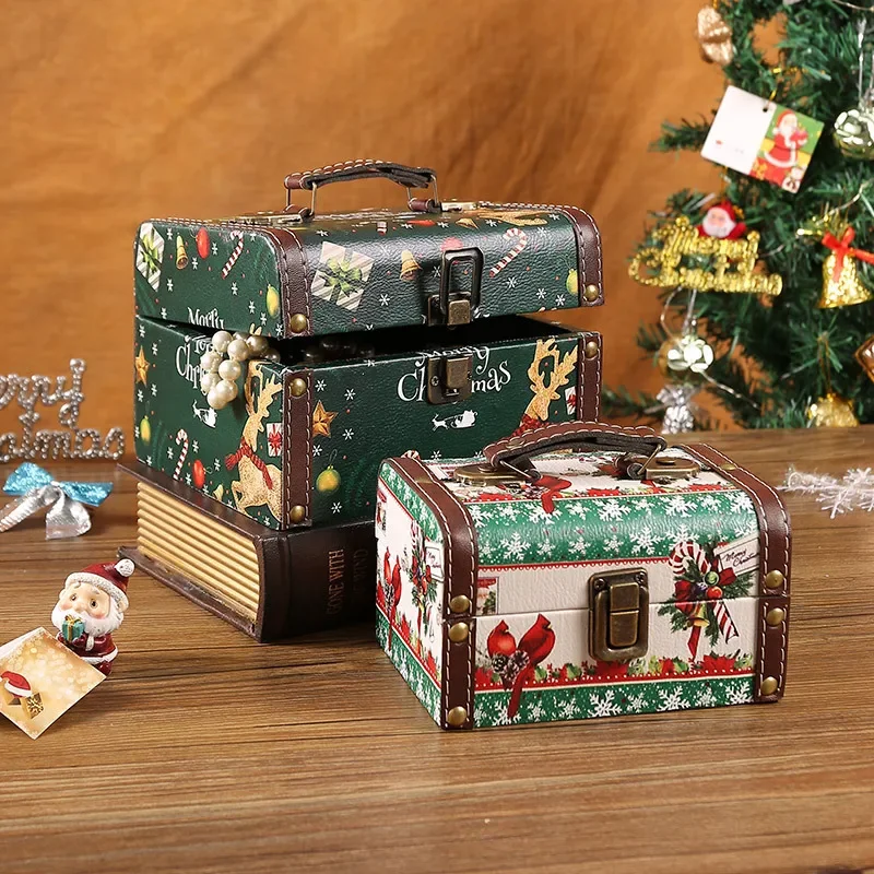 New Christmas PU Leather Retro Wooden Jewelry Certificate Storage Box With Handle Hundred Treasure Miscellaneous