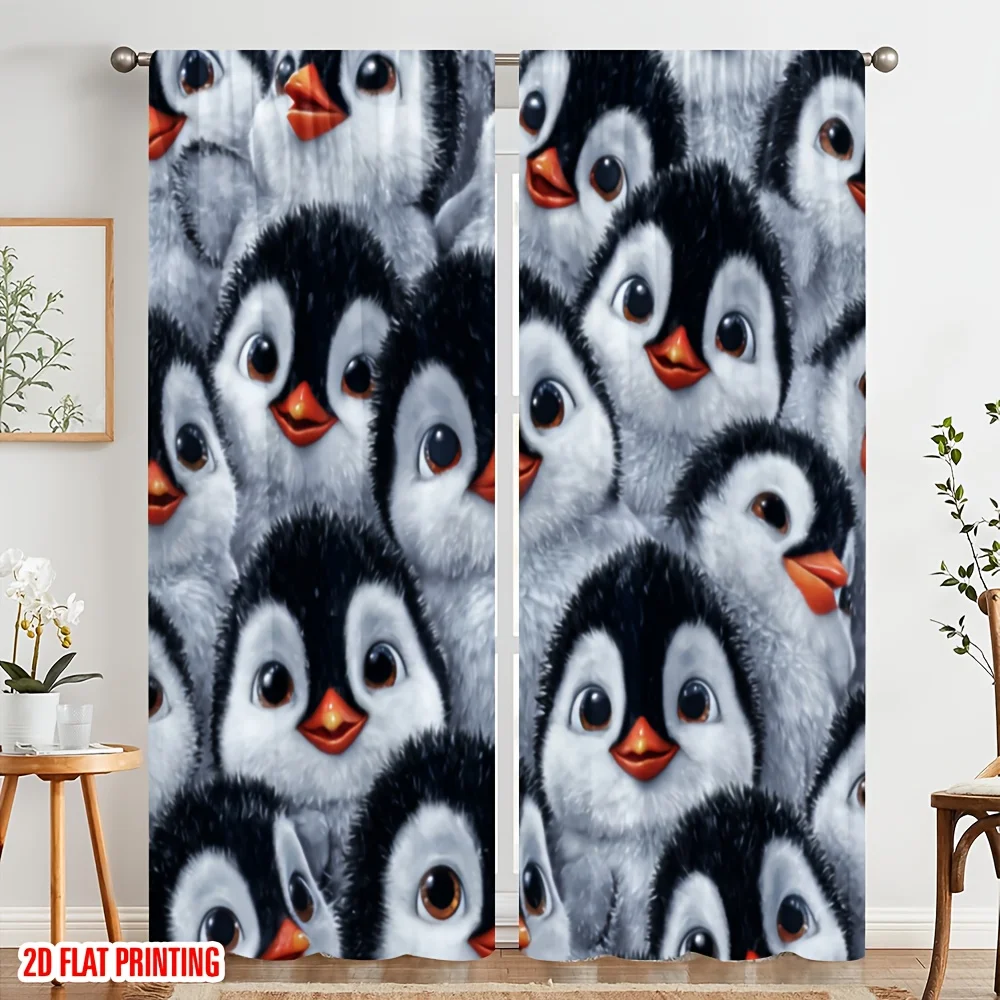 2pcs cute penguin baby curtain for kids room bedroom privacy and decor cartoon style polyester fabric Simple Installation