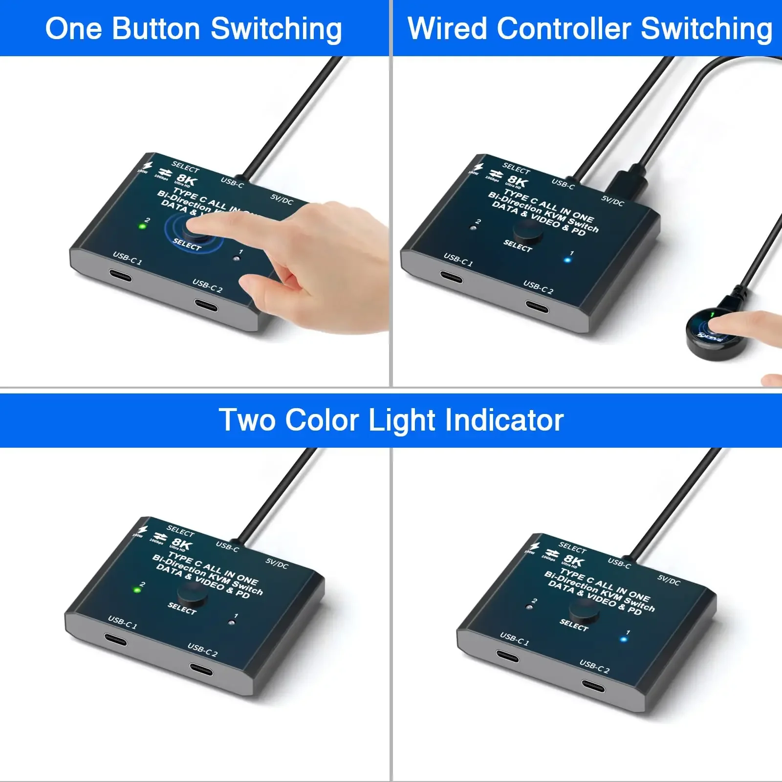 Bi-Directional USB C Switch 2 in 1 Out/1 in 2 Out Type C KVM Switcher With 2 USB C Cable Supports Video / 10Gbps Data Transfer