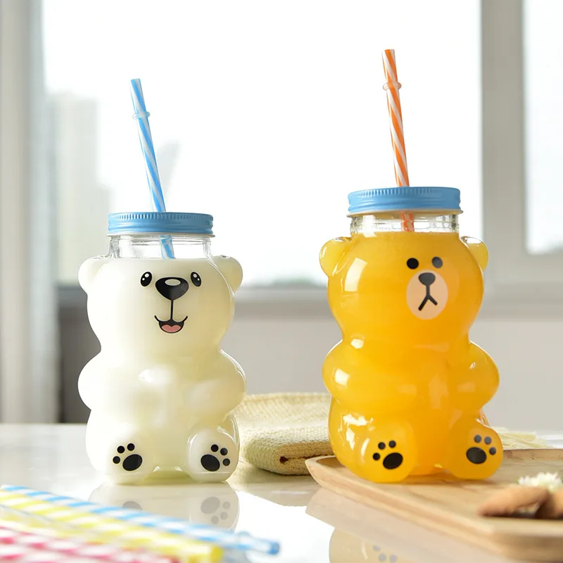 

Bear straw cup with lid glass ins wind milk tea cup cute cartoon glass water cup