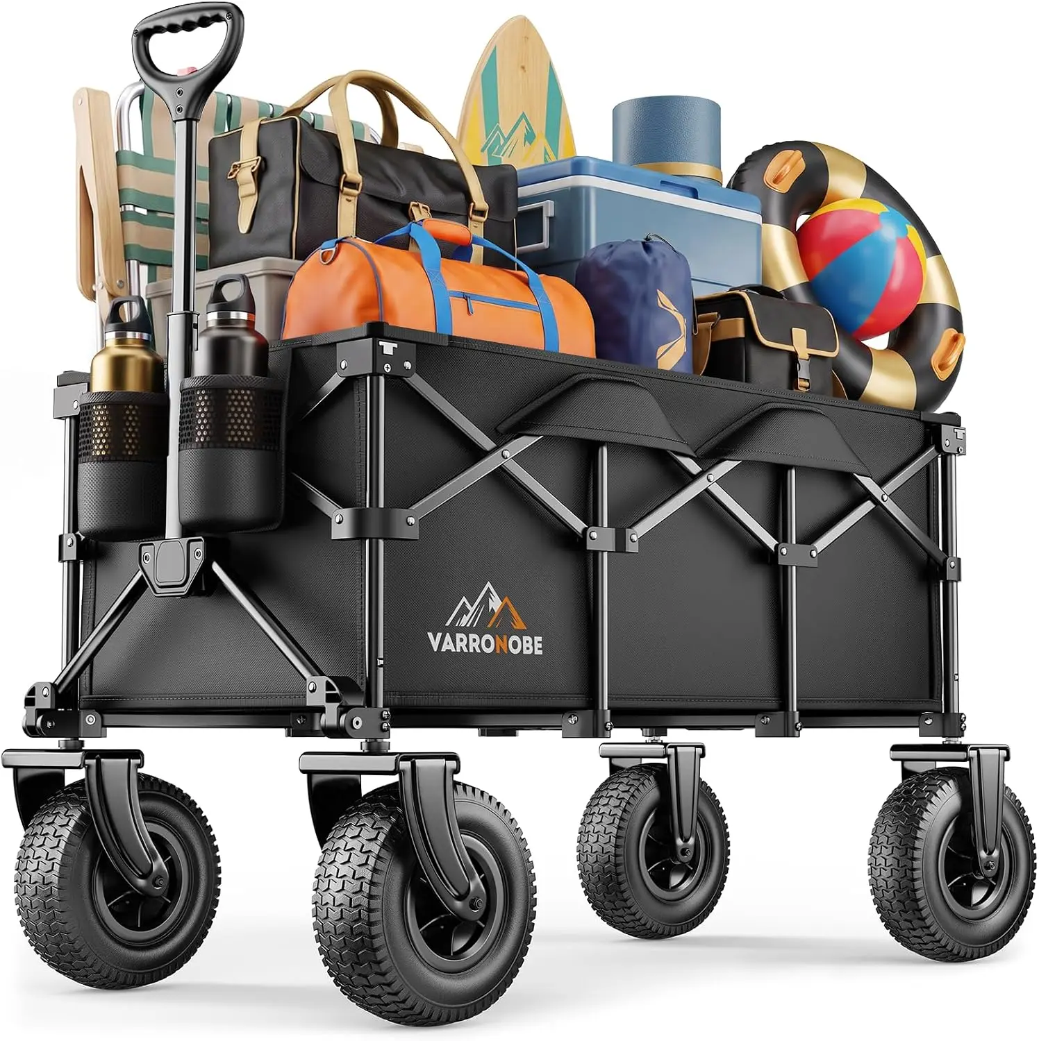 All Terrain Beach Wagon 10x35 Big Inflatable Rubber Wheels Sand 220L Collapsible Utility 400 lbs Heavy Duty Folding Cart 2 Cup H
