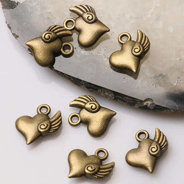 

30pcs 13mm Antiqued Bronze Color 2sided Heart with Angel Wing Design Charms EF3455 Charms for Jewelry Making