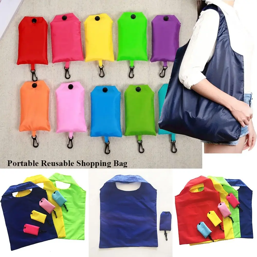 Portable Reusable Shopping Bag Oxford Washed Solid Color Grocery Purse Foldable Waterproof ripstop Shoulder Handbag