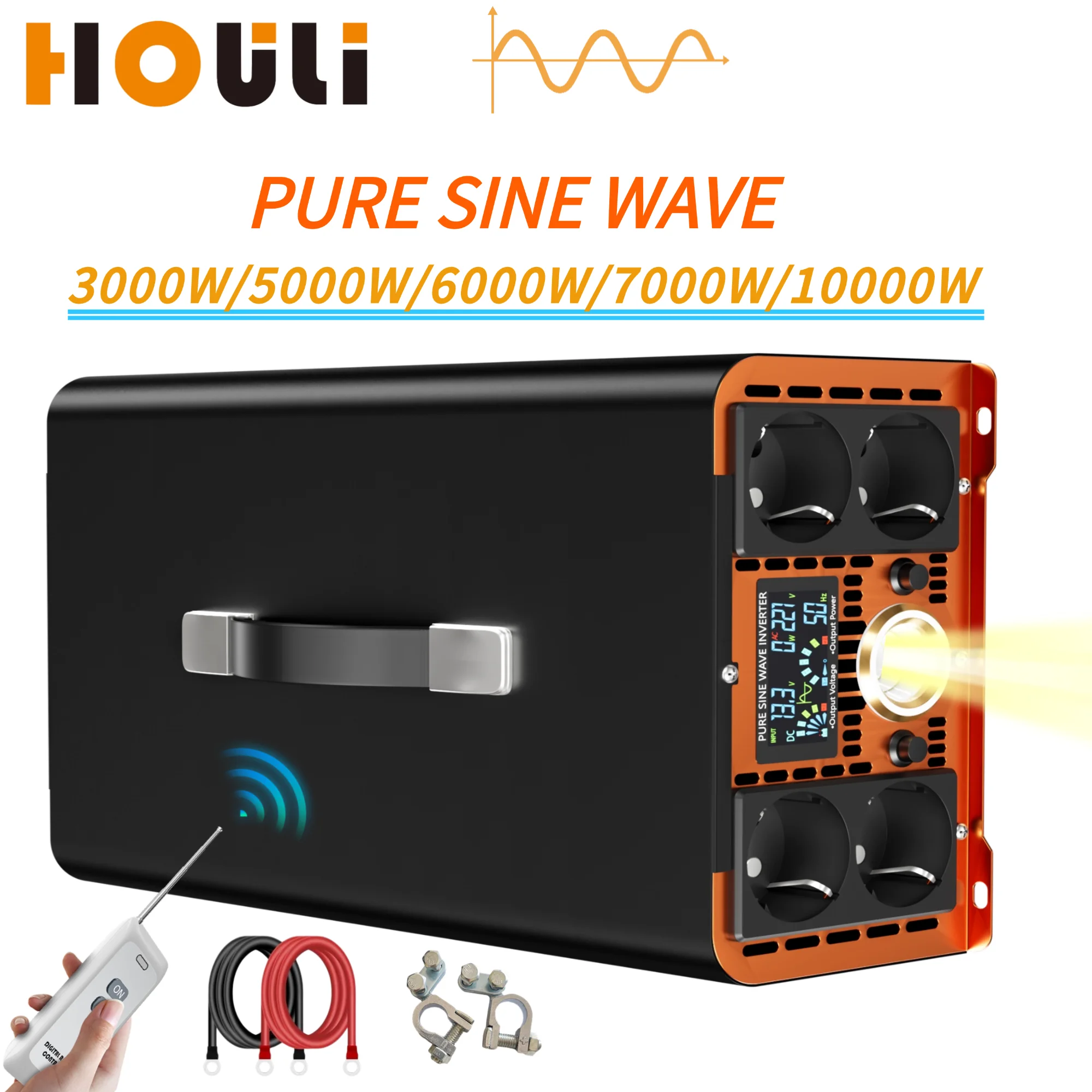 HOULI portable pure sine wave inverter 6000W/7000W/10000W high power voltage converter, DC12V/24V/48V TO 220V, with 4 AC sockets