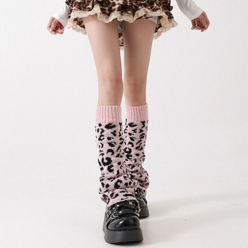 Autumn Winter New Pink Leopard Print Knitted Slouch Socks Japanese Design Y2K Subculture Hot Girl SlimmingLeg Warmers Ladies