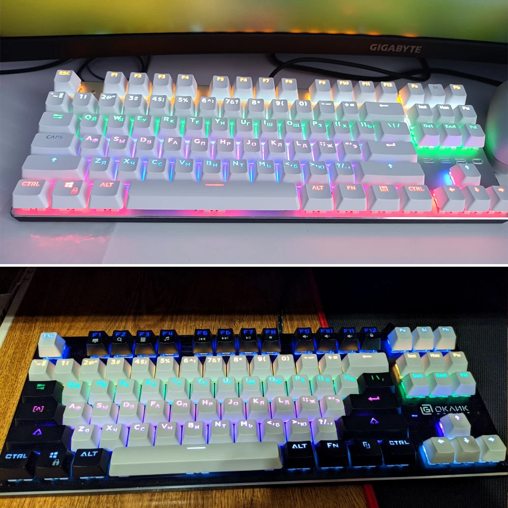 104 키 키캡 OEM 고 RGB 백라이트 기계식 키보드 키캡, 스페인어 아랍어 러시아어 프랑스어 한국어 독일어 태국어 포르투갈어