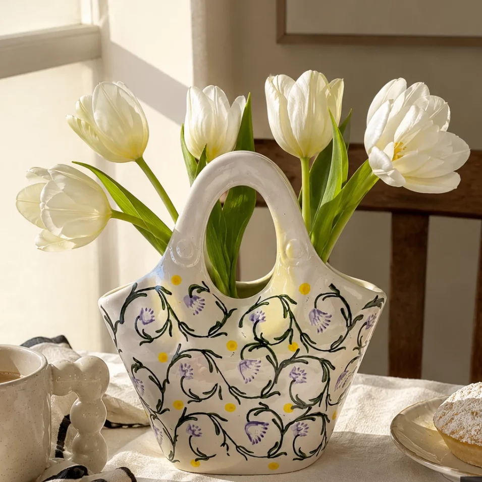Large-diameter ceramic vase retro handbag flower vessel high-end tabletop decoration entryway living room floral arrangement