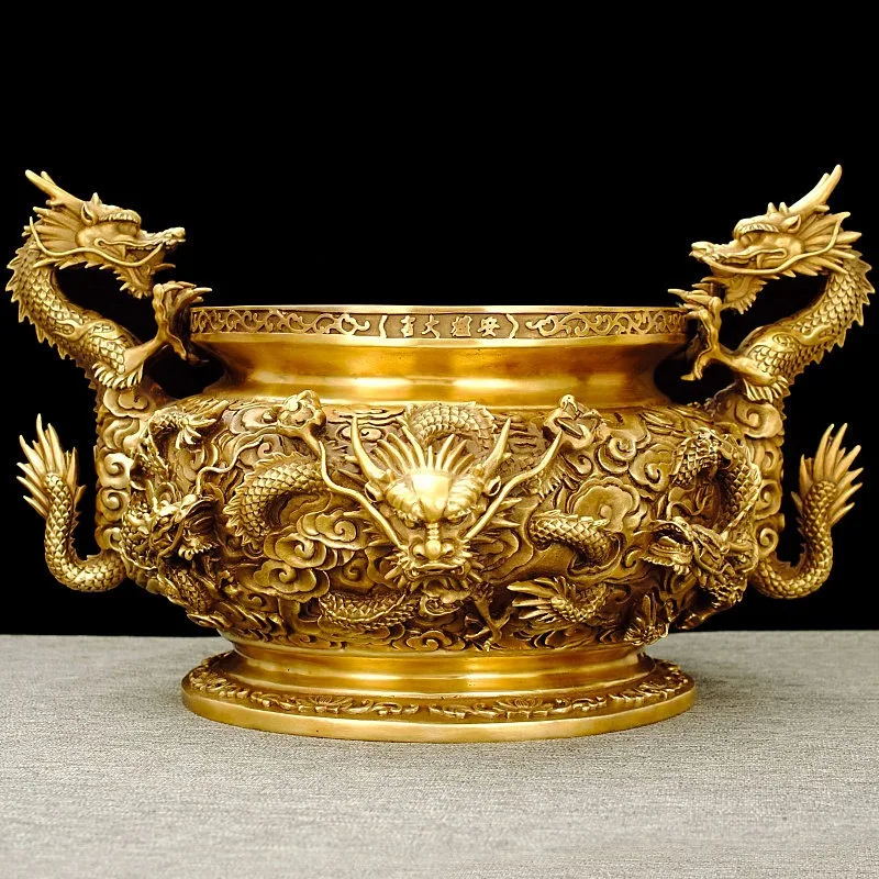Solid Brass Nine Dragon Incense Burner Twin Dragon Handle Wealth Basin Indoor Ancestor Hall Worship Craft Furnishing
