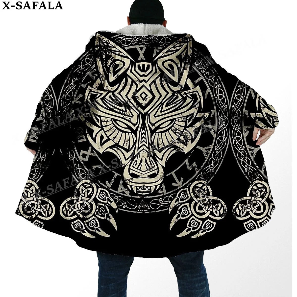 หมาป่าสัญลักษณ์ไวกิ้งสัตว์ Tattoo Bear Overcoat Coat 3D พิมพ์หนาเสื้อคลุมผู้ชาย Windproof ขนแกะ Unisex Casual-2