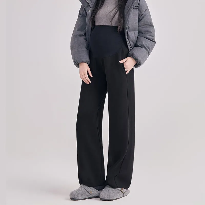 Umstandshosen für Herbst und Winter, hoch geschnitten, mit weitem Bein, gerade geschnitten, dick und warm, für schwangere Frauen, Freizeit-Hosen. – Detail 3
