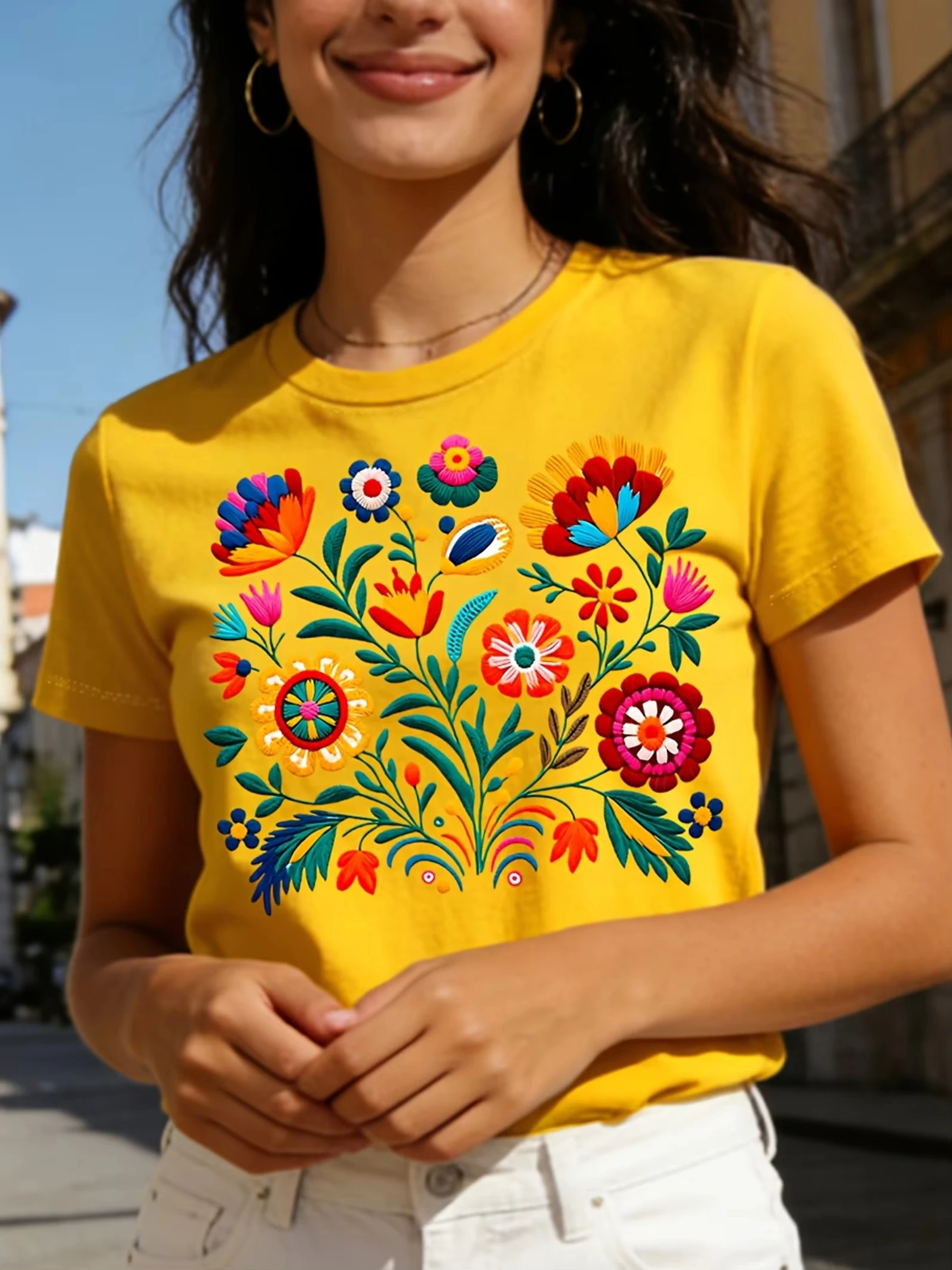 2026 Women Boho Ethnic Floral Women Cotton T‑Shirt, Vibrant Folk Flower Print Tee, Multiple Colors, Holiday Beach Casual Wear