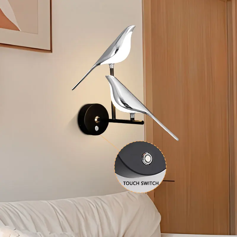 Touch Switch ON/OFF lampade da parete a LED per comodino camera da letto oro argento gazza uccello applique da parete a LED applique da parete per corridoio corridoio