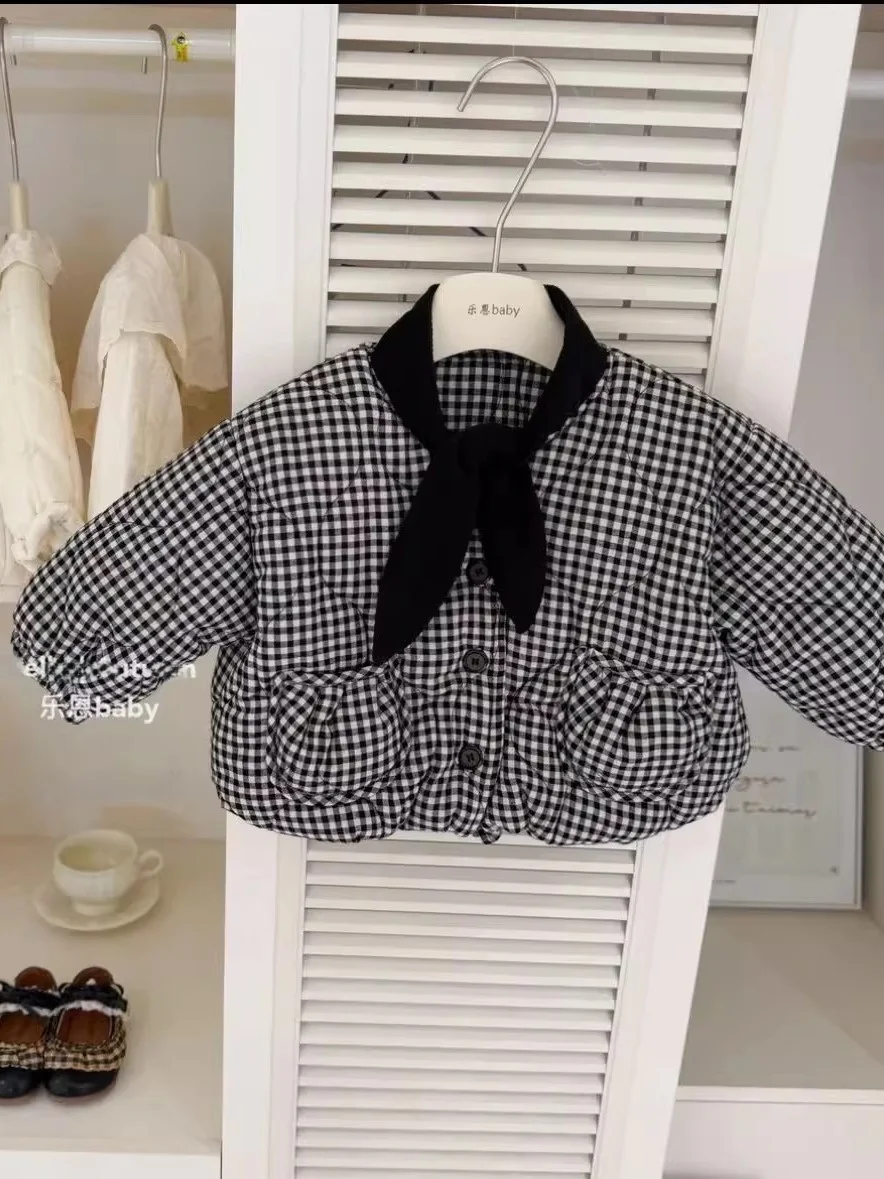 

Girls Plaid Cotton Jaet Fce Lined Thiened Warmth Autumn Winter Bla Gingham Princ Sle Coat for Kids under 7