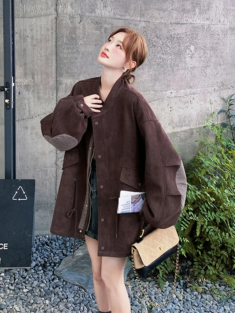 

Plaid Splicing Coffee Deer Skin Velvet Women's ort Coat Spring Autumn 2025 New American Retro Casual Top Button Closure