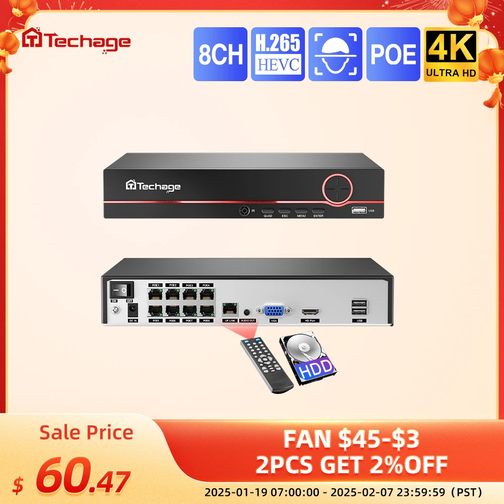 Techage H.265 8CH 4K 2K POE NVR видеорегистратор для видеонаблюдения до 16 каналов для системы видеонаблюдения POE IP-камера-рек