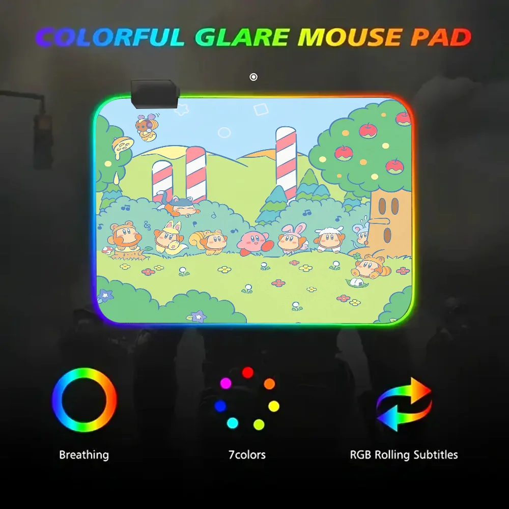 Cartoon Cute K-Kirbies Mousepad RGB Small Size Gaming Mouse Pad With LED Light Desk Mat Super Smooth Non-slip Rubber Bottom