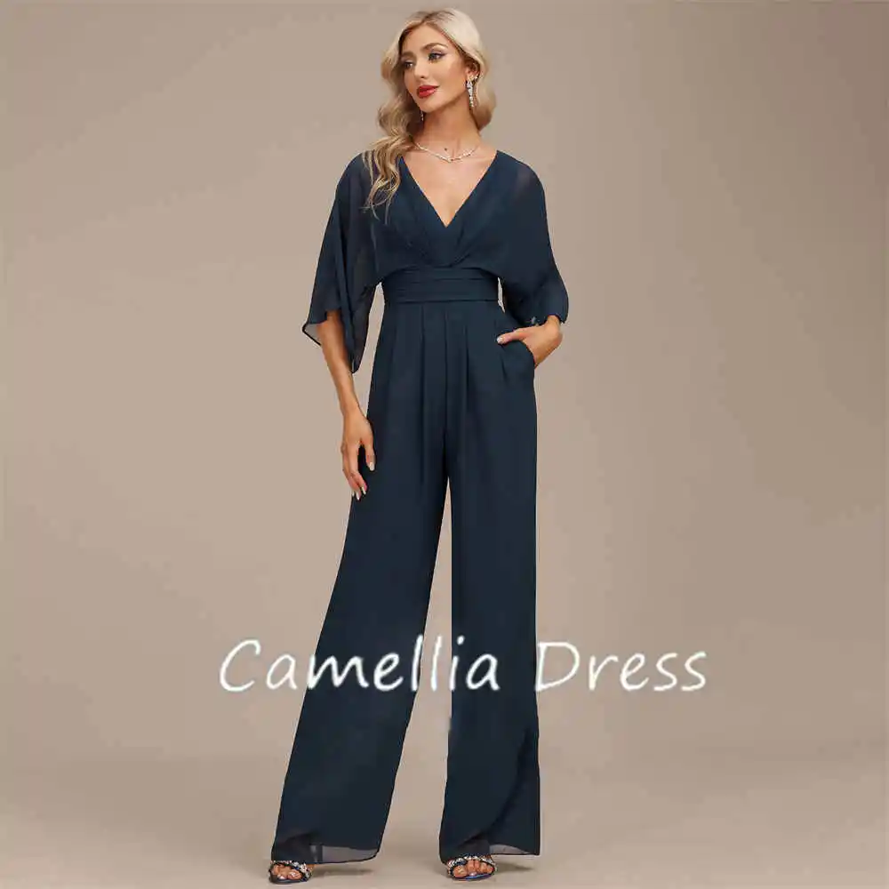 

Simple Jumpsuit Evening Dresses V Neck Prom Dresses Floor-Length Chiffon Pleated Formal Dresses Vestidos De Fiesta فساتين السهرة