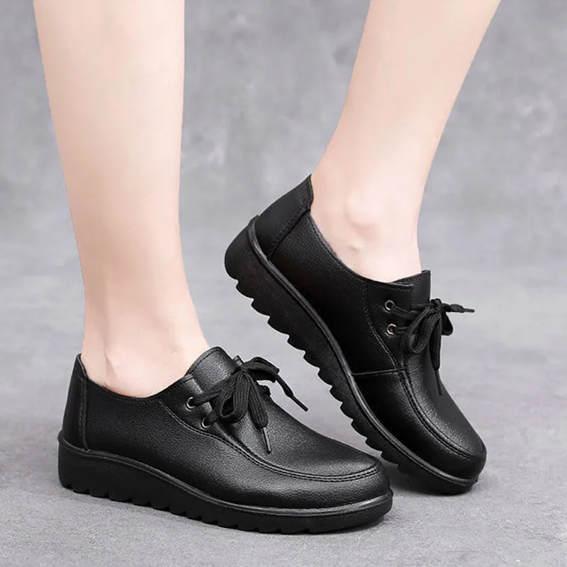 Spring Autumn Women Sneakers Lace-up Casual Shoes Black Leather Flats Commuter Shoes Daily Soft Sole Loafers Leisure Thin Shoes