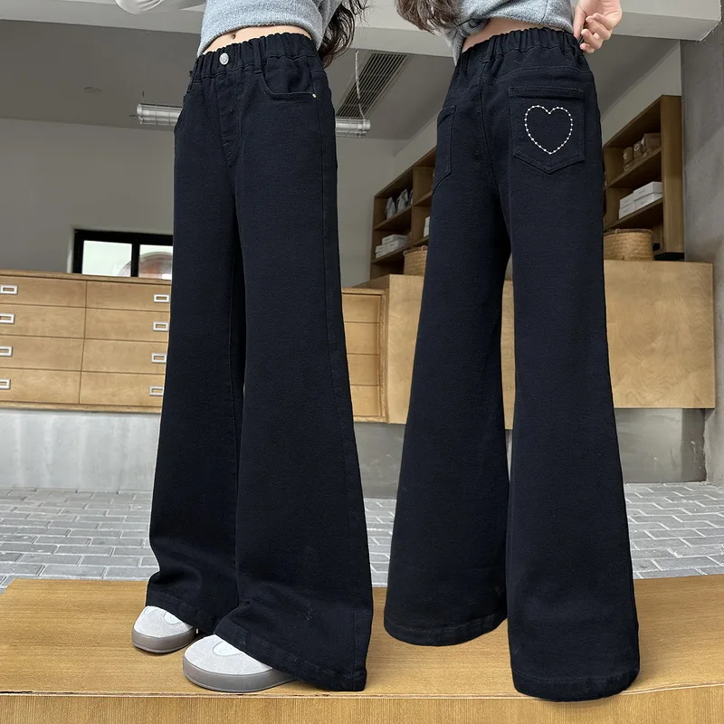 

Girls Bell Bottom Jeans Spring Autumn Teenage Children Heart Embroidery Slimming Straight Denim Pnats Kids Long Trousers Trendy