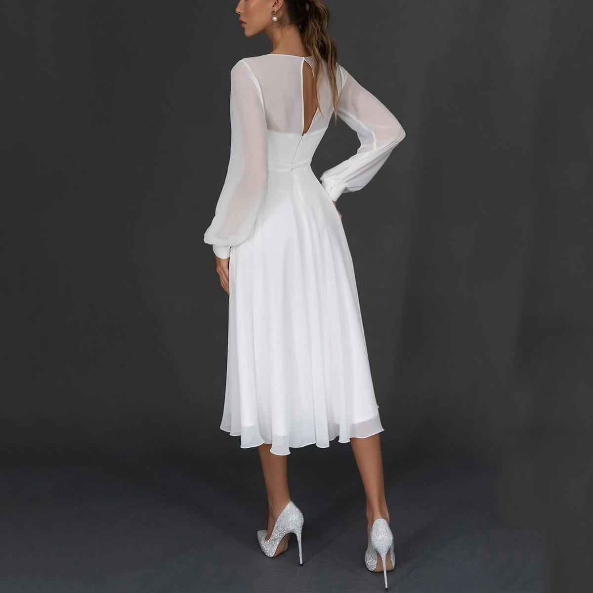 Robe de mariée blanche en mousseline de soie, élégante, sexy, col en V, manches longues, robes de soirée formelles pour invités, mariage, été, 2024