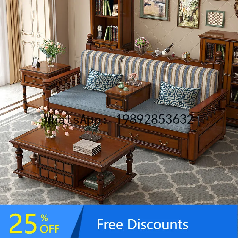 XL American Retro Country Style Solid Wood Sofa Bed, Push-Pull Foldable Double Luohan Bed