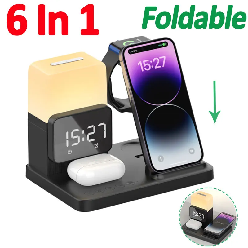 6 In 1 Wireless Charger Stand Alarm Clock Lamp Foldable Charging Dock Station for iPhone 14 13 12 11 Pro Max iWatch 8 7 AirPods