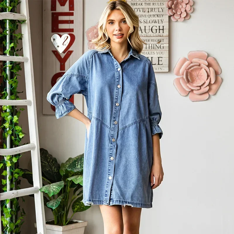 Damska sukienka jeansowa z kołnierzykiem z jednym kołnierzem Sukienki jeansowe z półrękawkiem A Line Vestidos Loose Fit Summer Bohemian