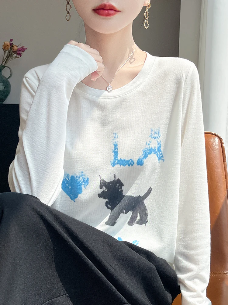 

Spring Summer 2025 Women's round Ne Long Sve Striped Knitwear Casual Anti-Uv Cartoon Embroidery Top Youthful Faion
