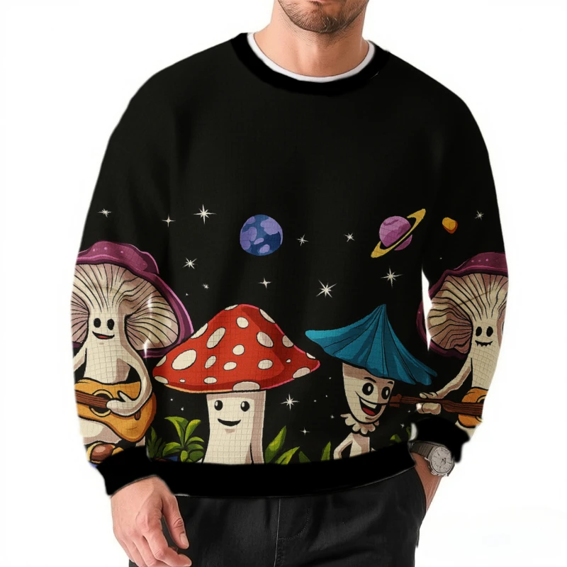 

Men's Crewneck Sweatshirt Fashion Cute Mushroom Band Print Texture Fabric Long Sleeve Pullovers Casual Loose Autumn Tops