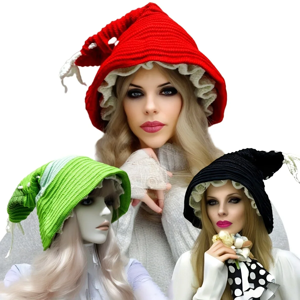 Custom Women'S Vintage Wide Brim Hat Halloween Party Witch Hat Cute Long Tail Pointed Top Knit Cap Fall Winter Warm Hat