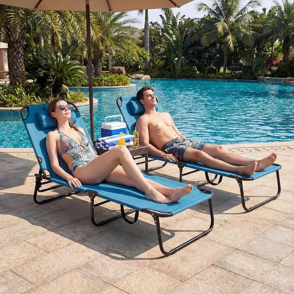 2-Pack Adjustable Patio Lounge Chairs with Hole, Removable Pillows, Carry Strap for Poolside, Beach, Lawn
