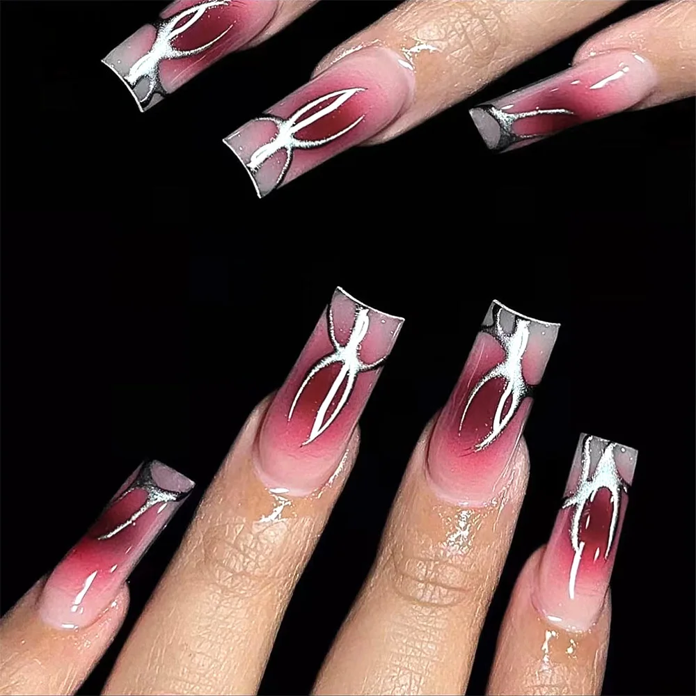 

24Pcs Mid-length Square Head Press on False Nails Red Gradient Design Full Cover Nail Tip for Woman Reusable Finished Fake Nails