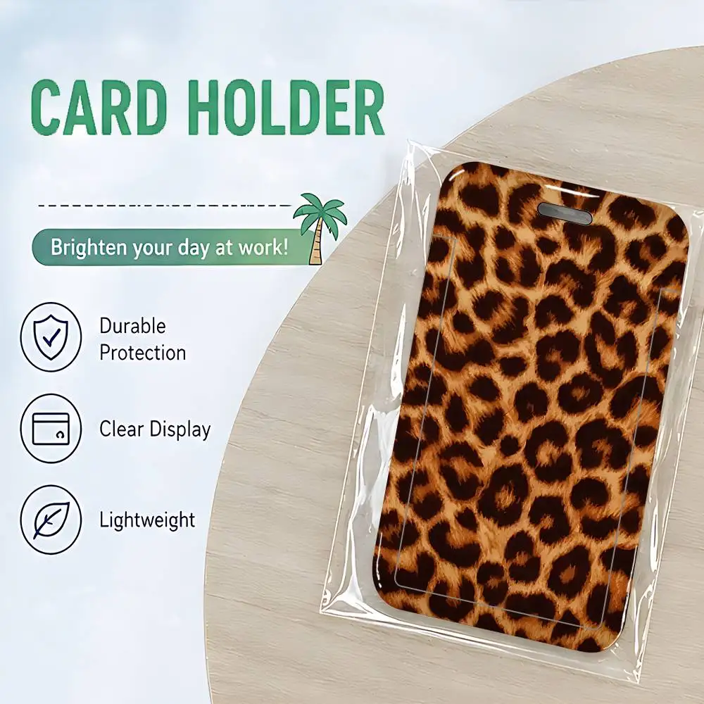 Amber Retro Leopard Print ID Card Holder PVC Badge Holder With Lanyard Slot Student Bus Card Cover Office Work Card Case