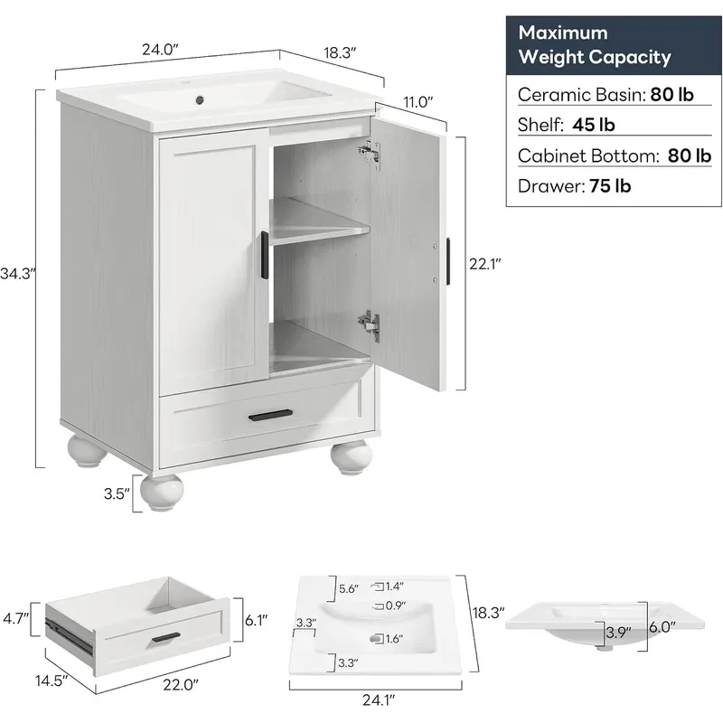 24 Bathroom Vanity with Ceramic Sink Small Bathroom Storage Cabinet 2 Doors 1 Drawer 4 Solid Wood Legs Fits 15-40 sqft