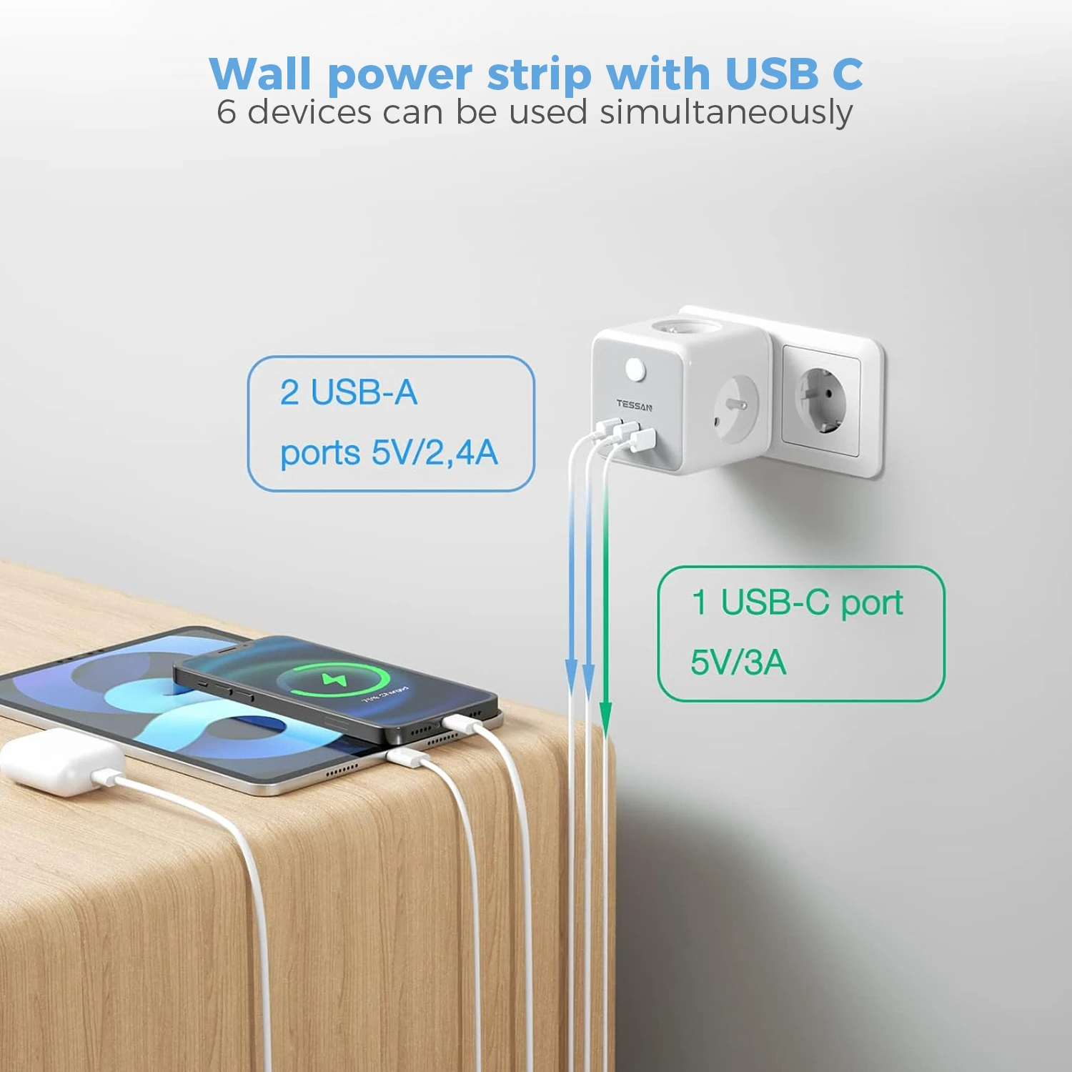 TESSAN FR Tomada de parede Cube Power Strip com 3 tomadas francesas e 3 portas de carregamento USB 6 em 1 Multi Tomadas Adaptador de tomada de alimentação