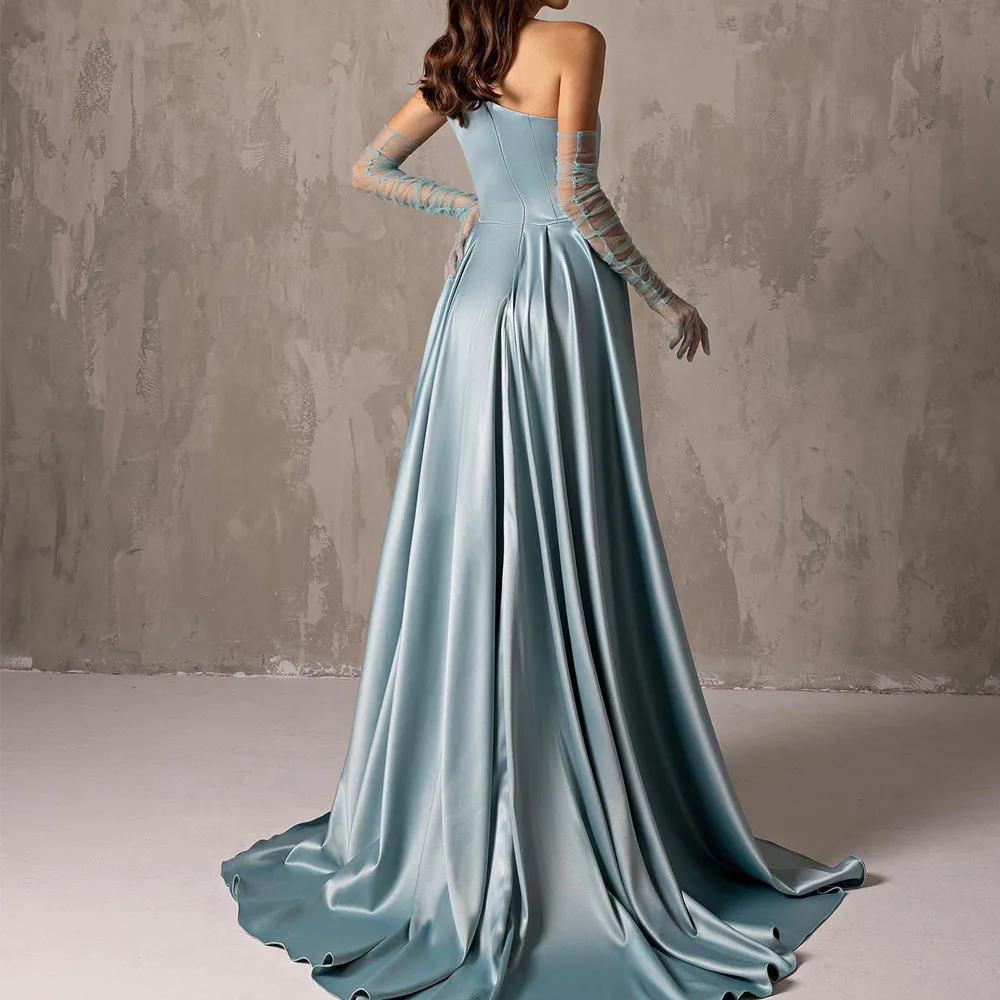 Customized Temperament Satin Blue Detachable Sleeve Evening Dress Modern Strapless Straight Long Sleeves Vestidos De Fiesta