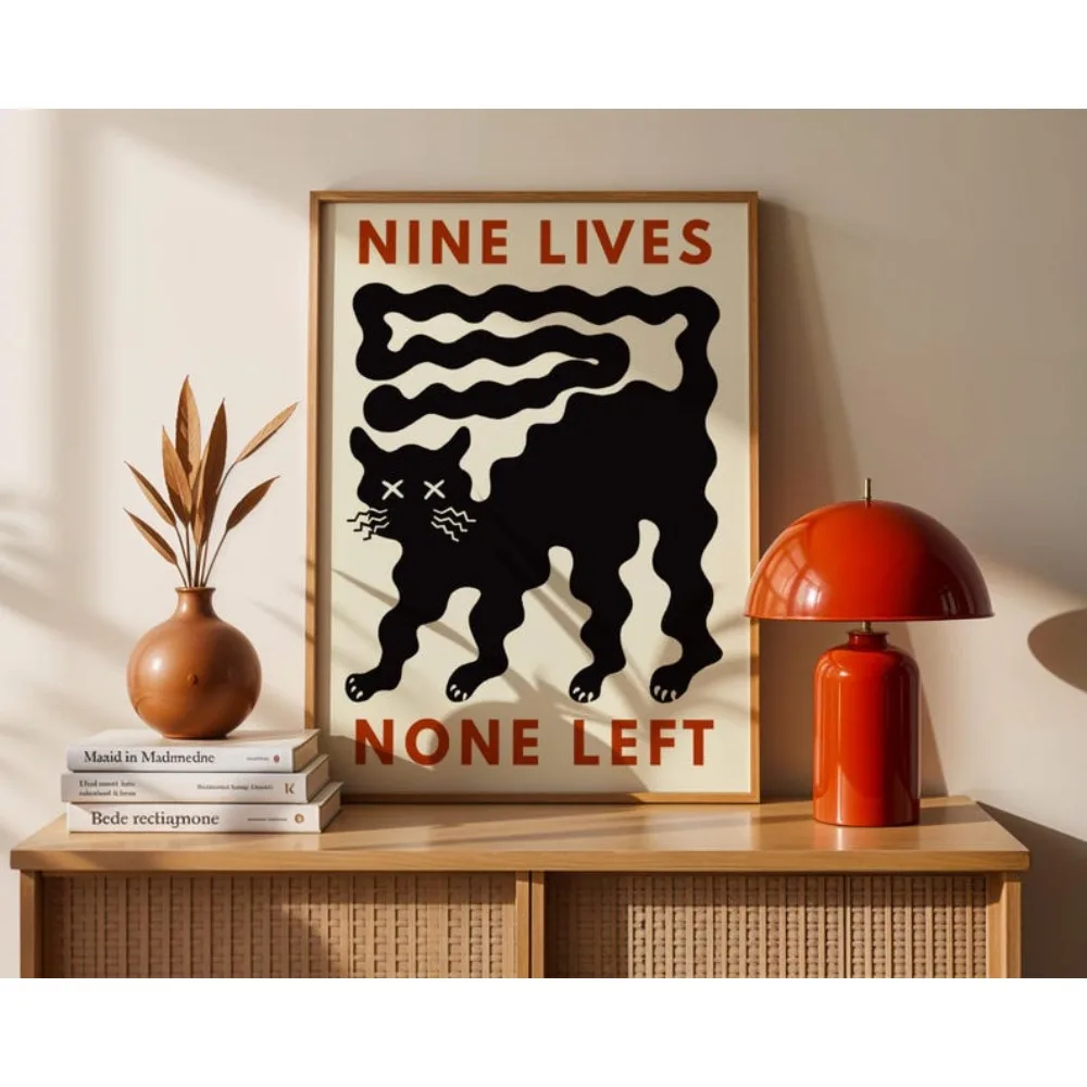 1 sin marco, interesante gato negro, nueve vidas ninguna impresión izquierda cartel abstracto minimalista moderno, impresión digital para amantes de los gatos