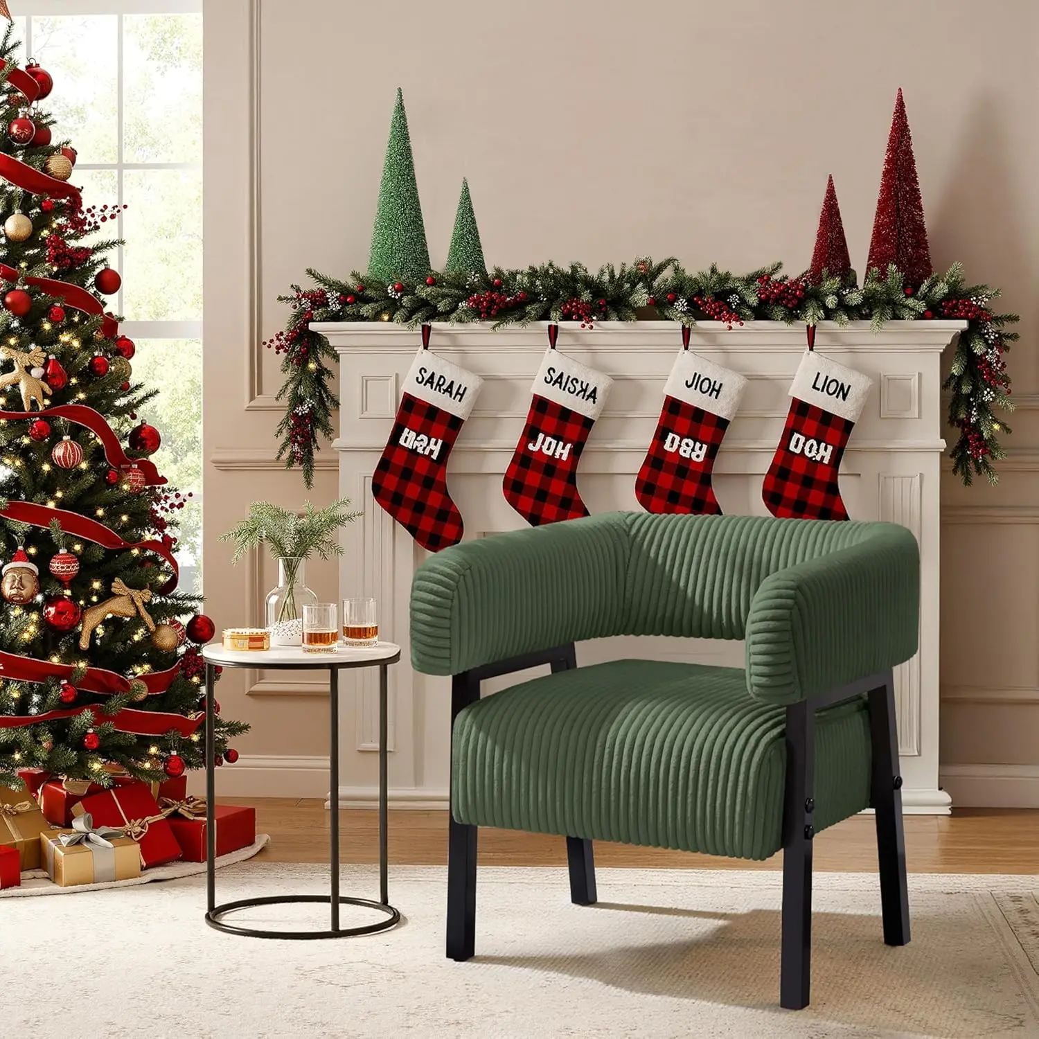 

Modern Corduroy Barrel Accent Chair with Solid Wood Legs, Cozy Upholstered Armchair for Living Room or Bedroom in Dark Green