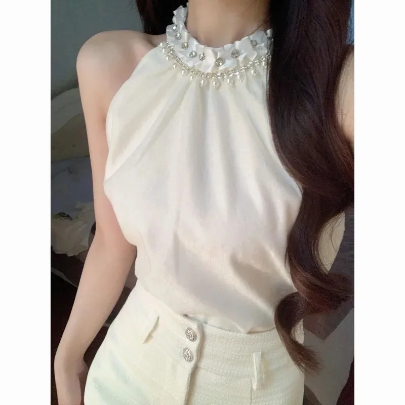 French Temperament Rhinestone Neck Hanging Shirt Shorts Two-piece Set Women Bead Sleeveless Fashion Solid Slim Summer Chic Suit