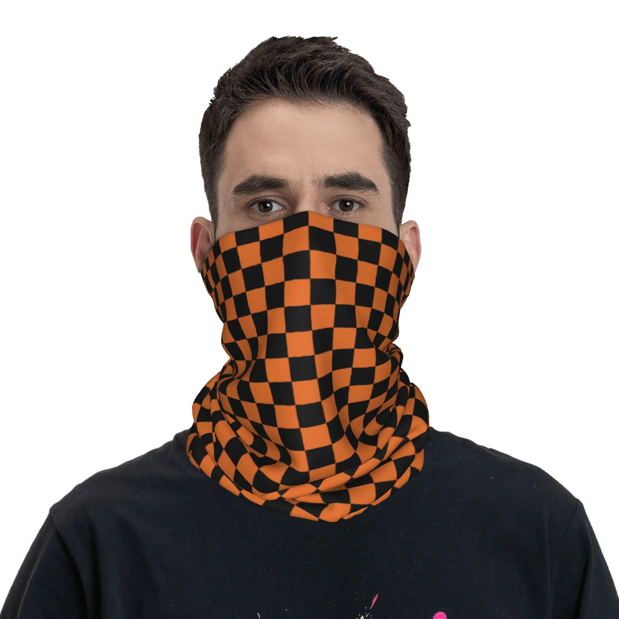 Custom Orange and Black Checkered Pattern Bandana Neck Gaiter Face Scarf Cover Men Women Geometric Plaid Headband Tube Balaclava image 4