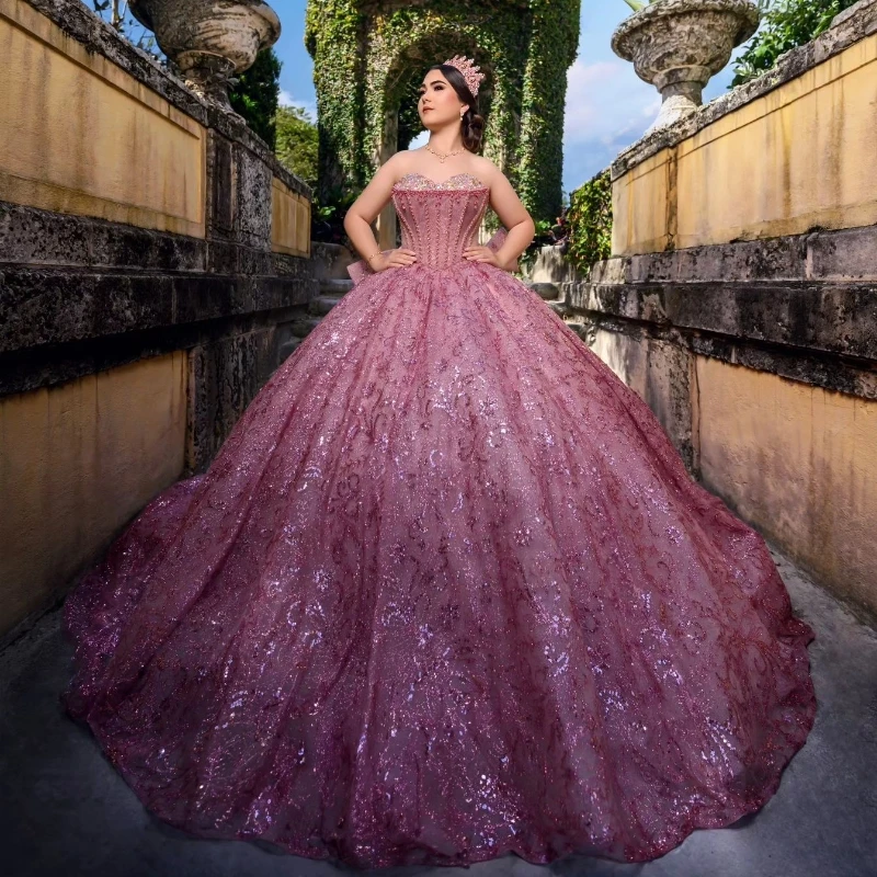 

Pink Sweetheart Quinceanera Dresses Ball Gown Off The Shoulder Tulle Lace Beads Crystal Puffy Mexican Sweet 16 Vestido De 15Anos