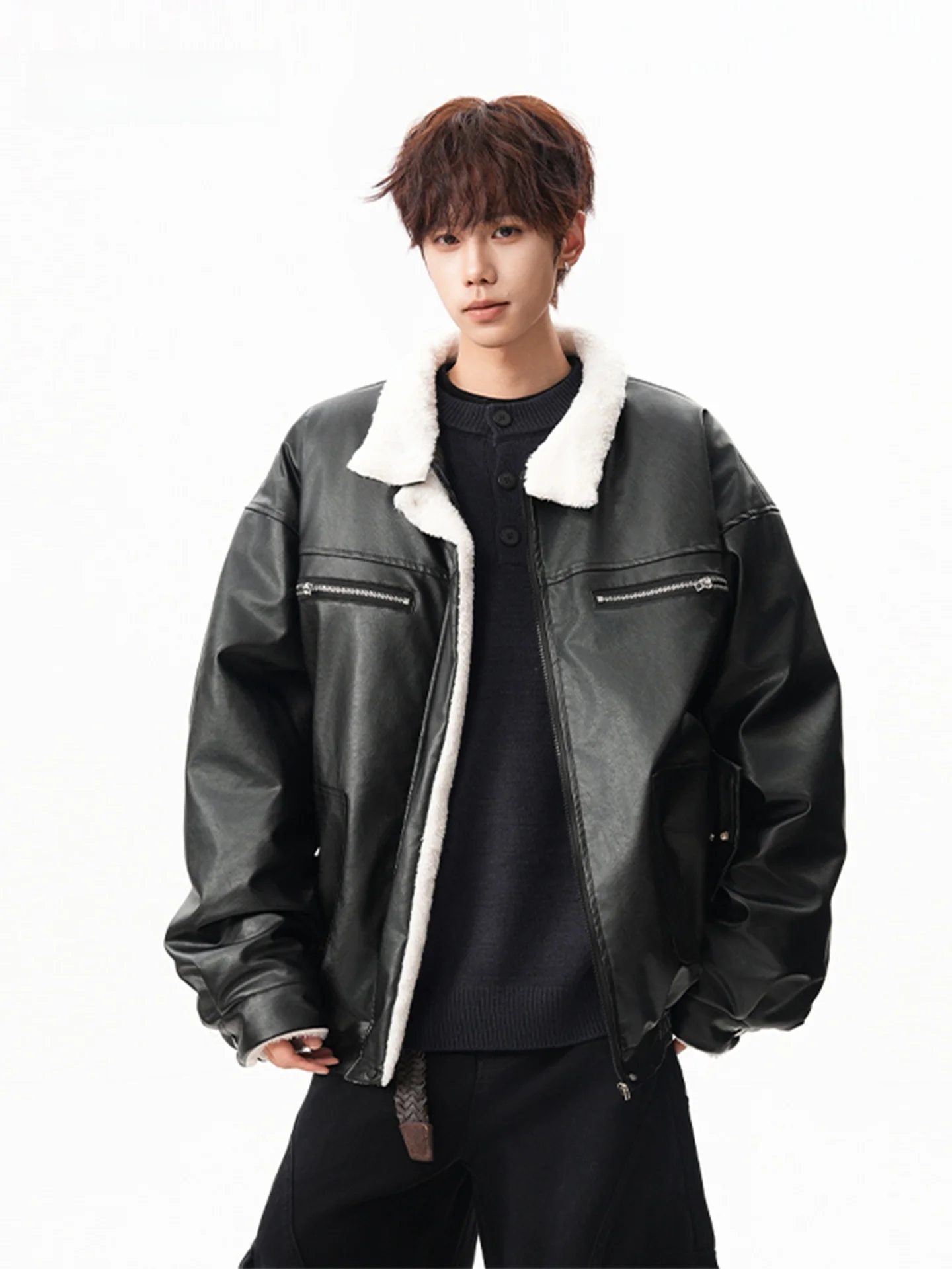 

Thiened American Sle Lamb Fur Collar PU Leather Cotton Jaet Men's Winter Coat Trendy Design Casual Loose Fit Long Sve