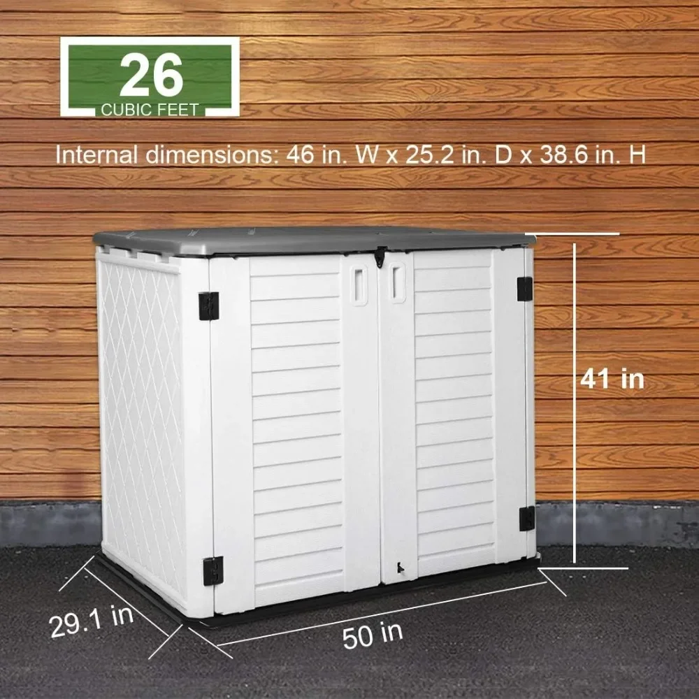 Backyard and patio level outdoor garden storage sheds, waterproof storage bins, 26 cubic foot capacity trash cans, lawn mower