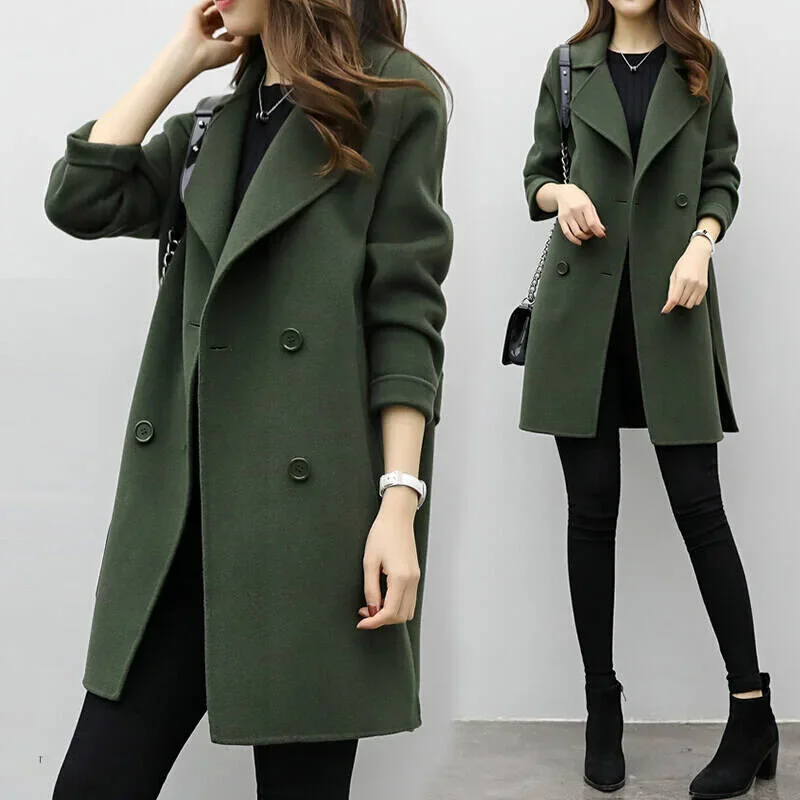 New Arrival Spring Season Fashion Slimming Casual Medium-length Double-row Button Woolen Coat Simple Stylish Overcoat