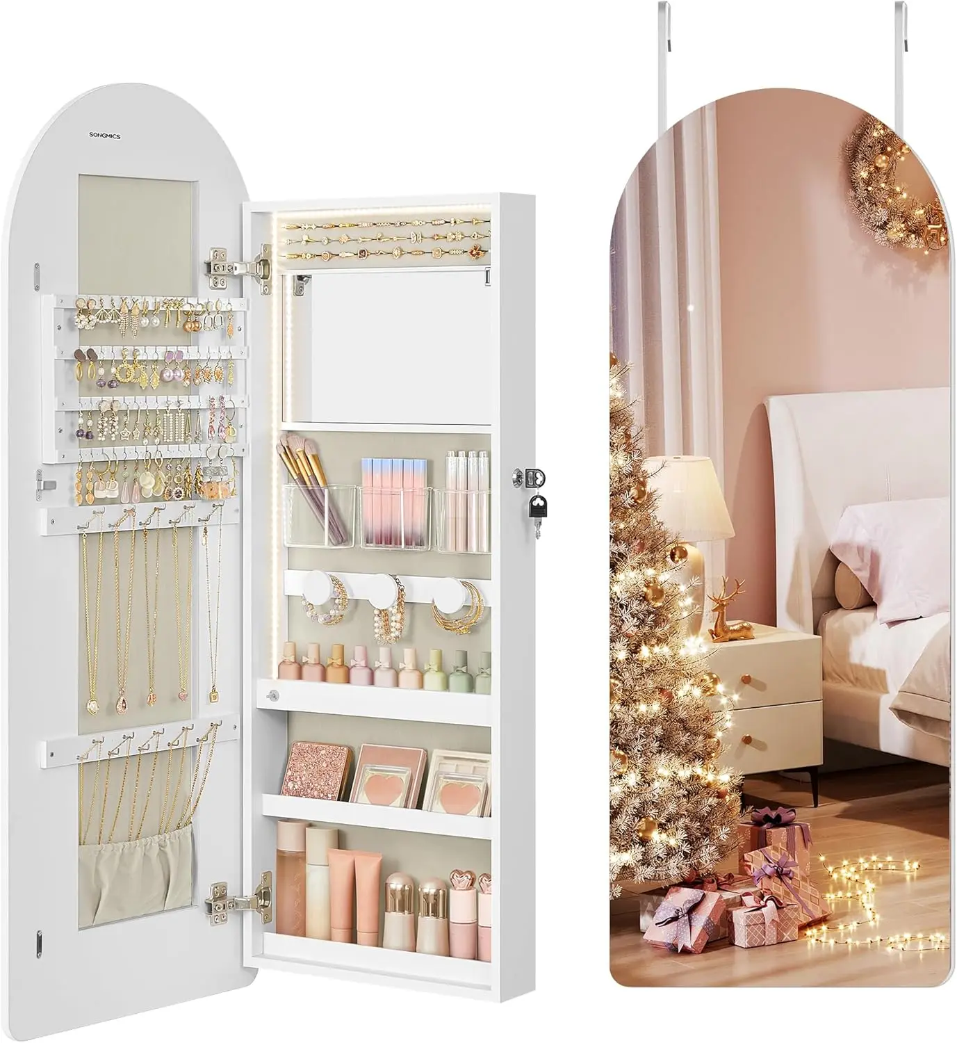 Wide Jewelry Organizer, LED Jewelry Cabinet Wall/Door Mounted, Arched Mirror with Storage, Lockable, Rounded Corner, Interior Mi