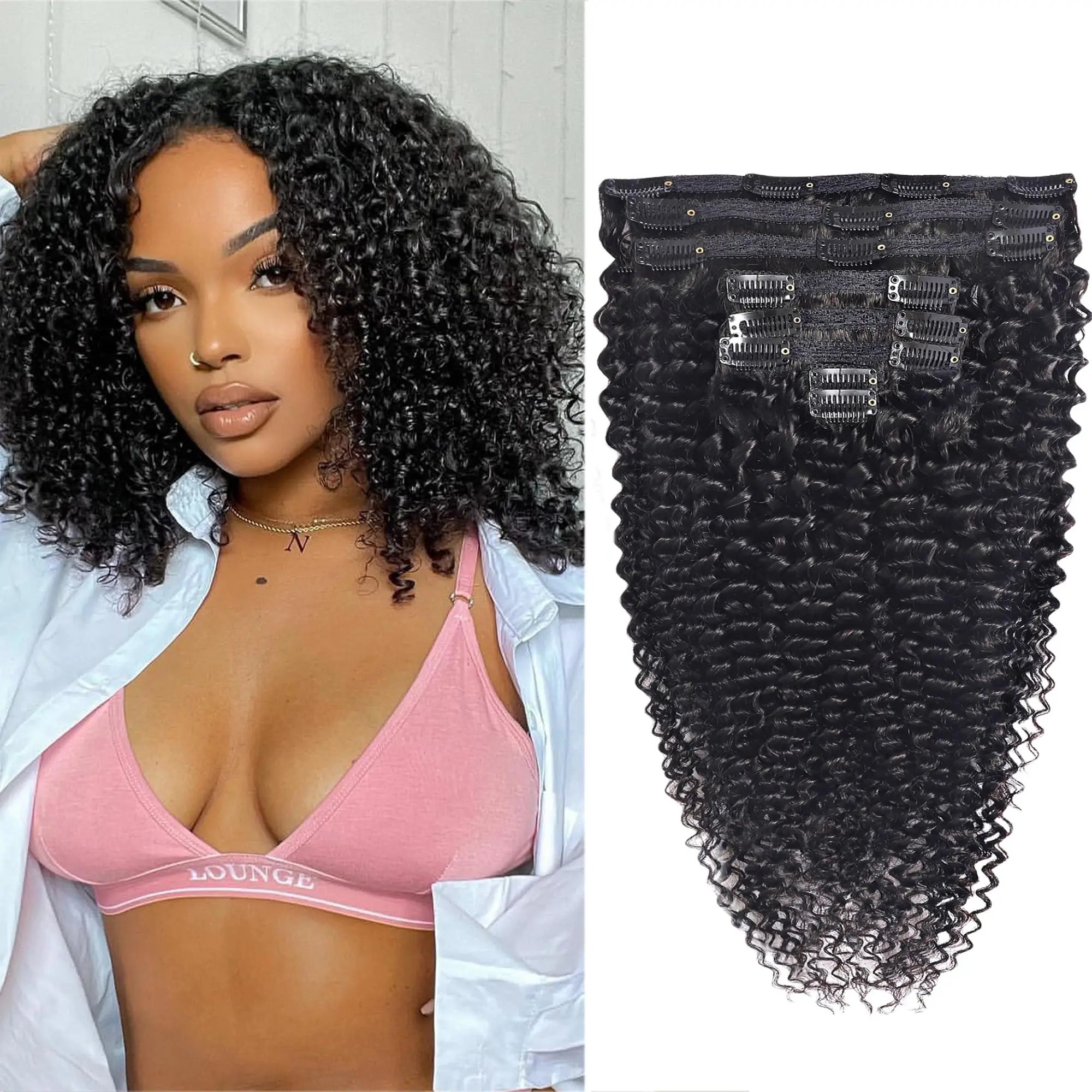 Kinky Curly Clip em extensões de cabelo para mulheres, cabelo humano, trama dupla, cabelo Remy brasileiro, 18 clipes, 120G, 16in, 8PCs, # 1B