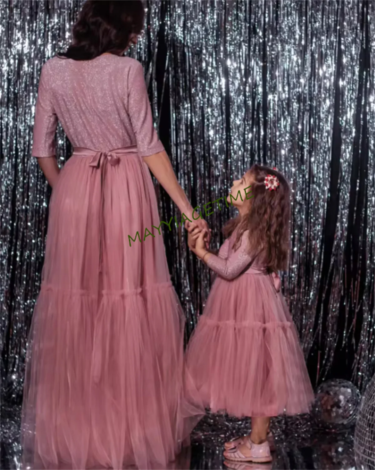 Vestidos en polvo Vestidos para madre e hija para sesión de fotos Ocasión especial Mamá y yo Tela elástica Hilo brillante