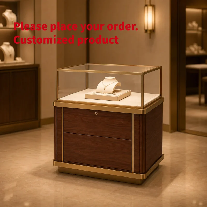 custom.Luxury Jewelry Display Pedestal Wooden Jewelry Showcase with LED Lighting High End Retail Boutique Shop Interior Furnitur