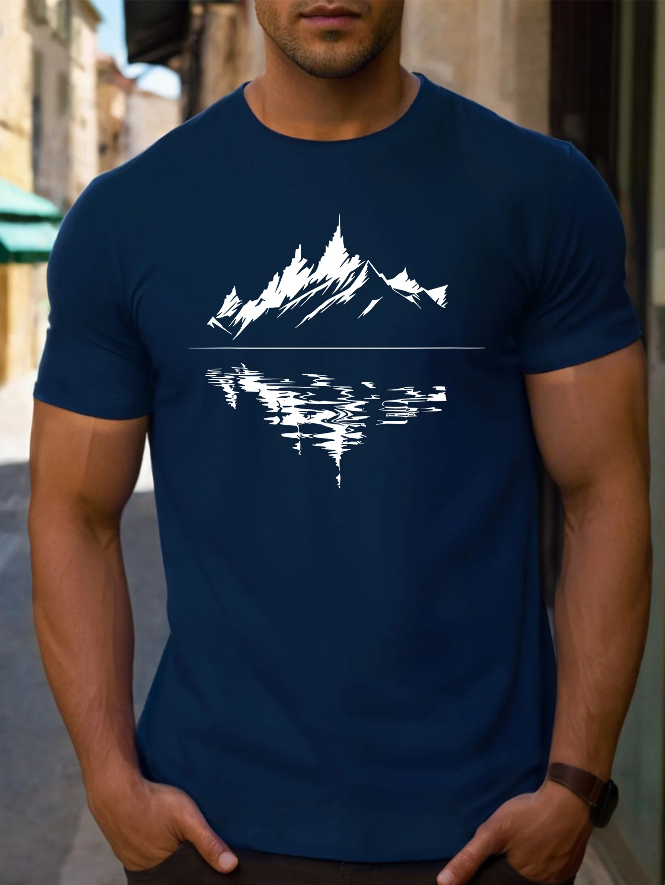 

Мужская летняя модная повседневная футболка свободного кроя из чистого хлопка 100, топ с круглым вырезом и короткими рукавами с принтом горного отражения