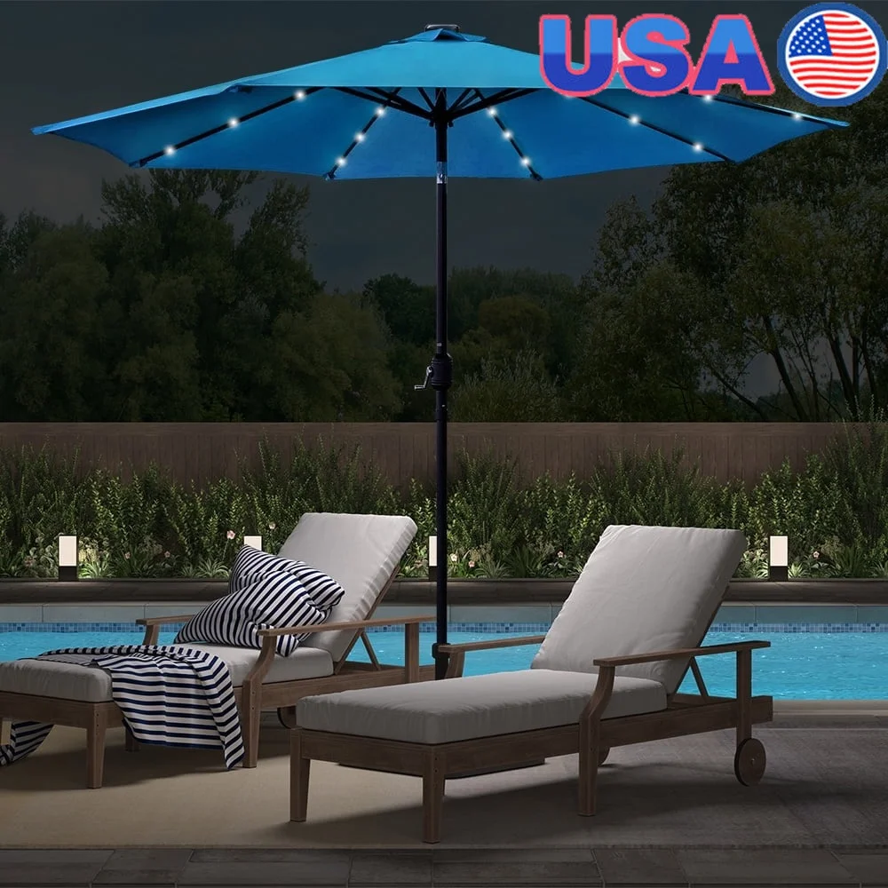 

9ft Solar LED Patio Umbrella Outdoor Market Umbrella Lighted Garden Deck Backyard Pool Shade Adjustable Tilt Crank System UV